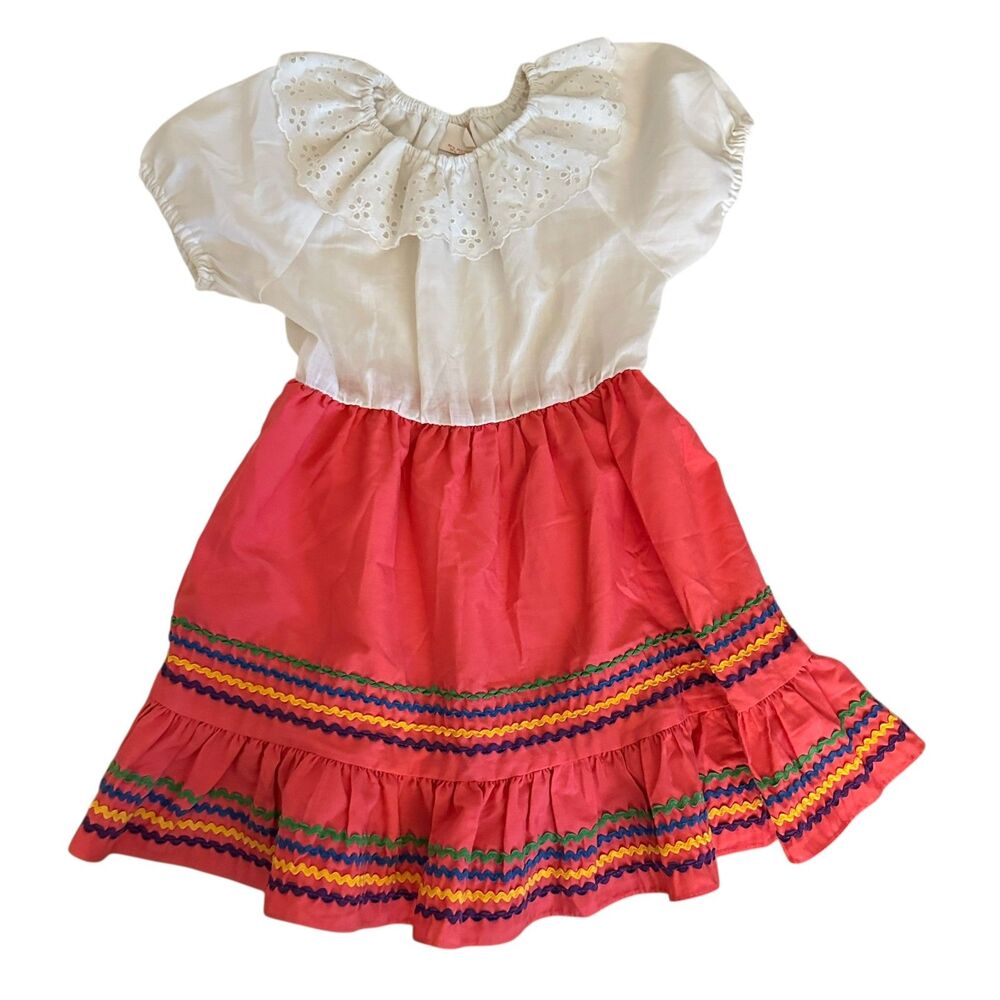 Vintage 70s Love Brand White Pink Ribbon Lace Fit & Flare Cotton Dress Size 6‎